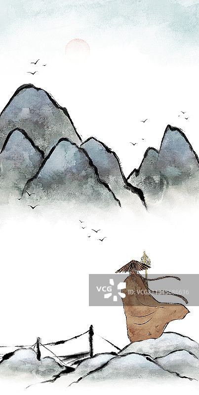 雪山中伫立的高僧风景插画图片素材