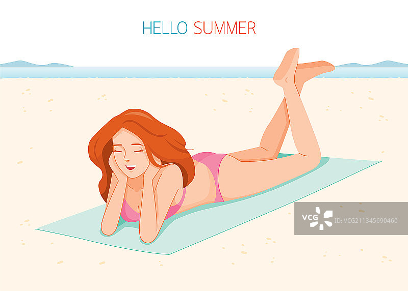 穿着比基尼躺在沙滩垫子上的女人图片素材