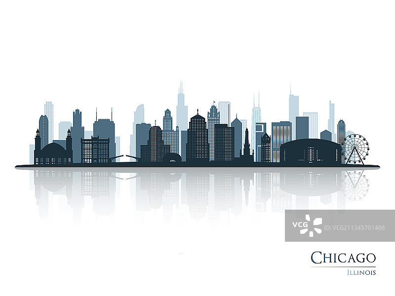 带有倒影的芝加哥天际线剪影图片素材