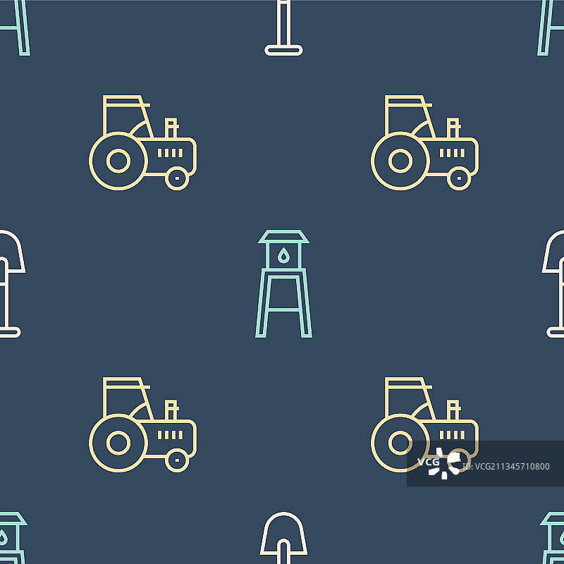铲子、拖拉机和水塔线条图片素材