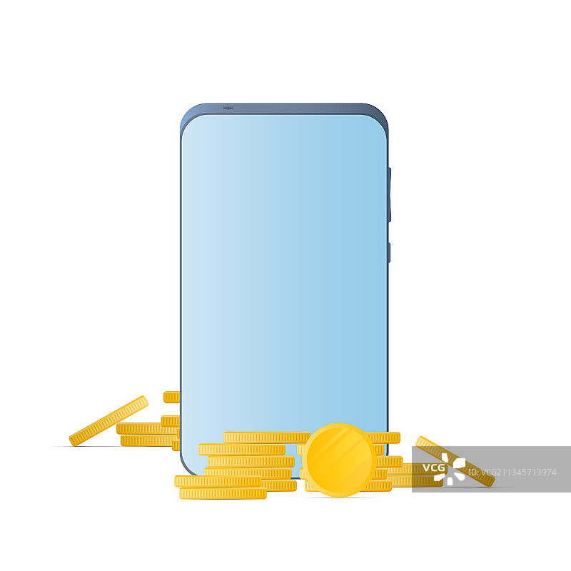 装满金币的手机靠在山堆上图片素材