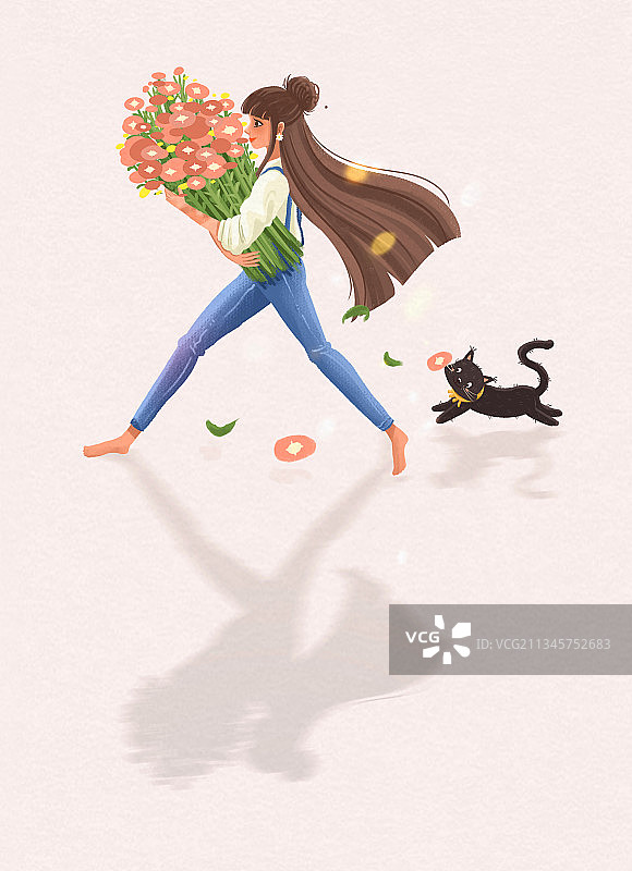 治愈系插画迈步女孩和猫图片素材