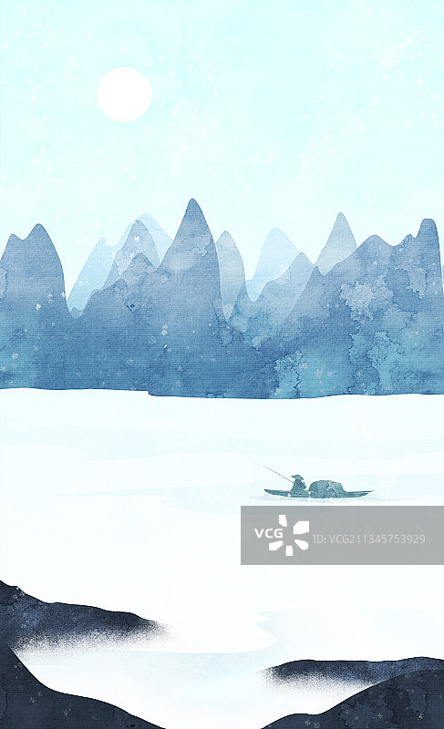 冰天雪地独钓寒江雪风景插画图片素材