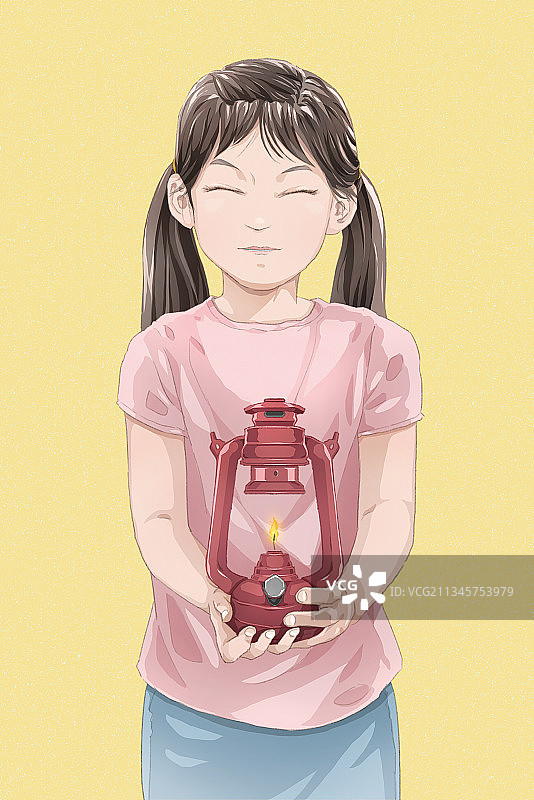 抱着煤油灯的小女孩图片素材