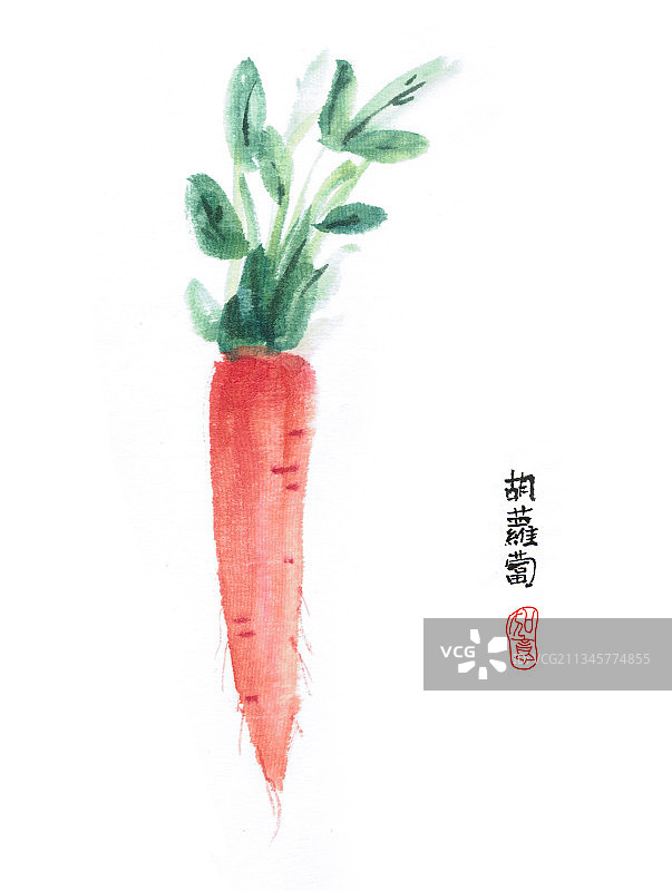 水墨设色国画果蔬系列之胡萝卜图片素材
