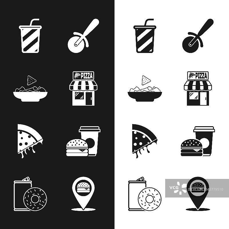 披萨店建筑外观、玉米片盘子和玻璃杯套装图片素材