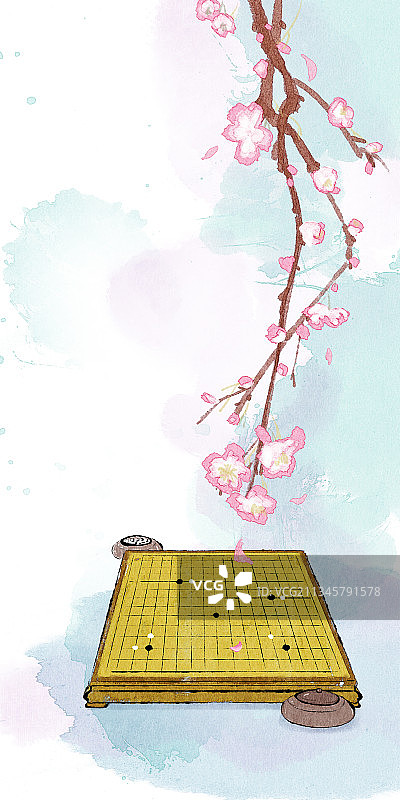 围棋水墨花风景插画图片素材