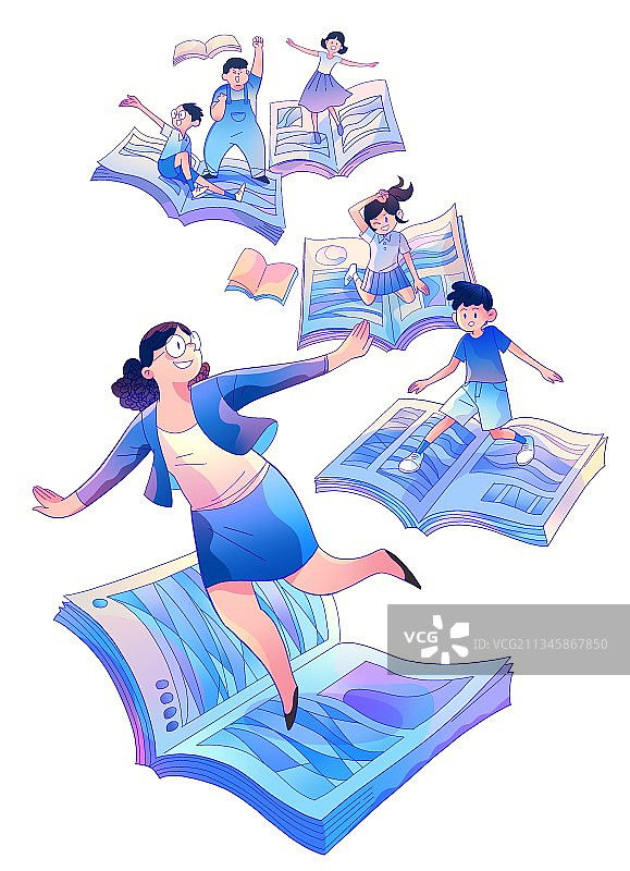 老师带着学生借助书本飞翔图片素材