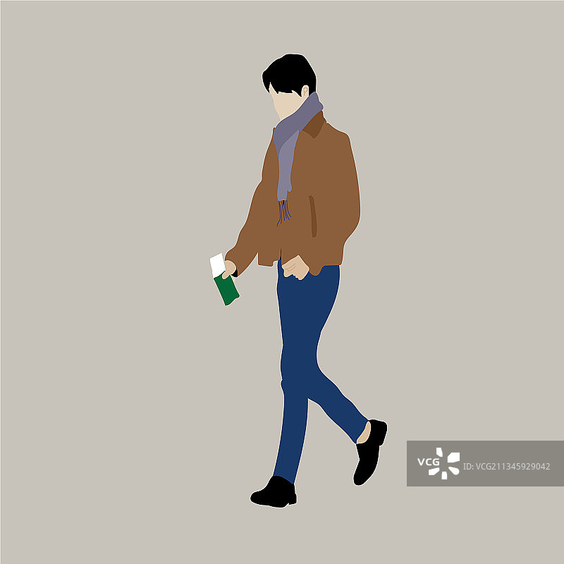 穿蓝色牛仔裤和棕色夹克的男人图片素材