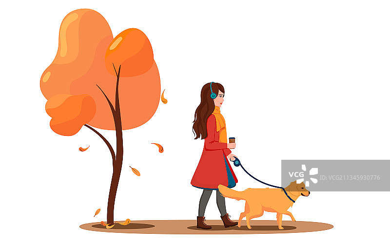 在公园里和狗一起行走的年轻女人图片素材