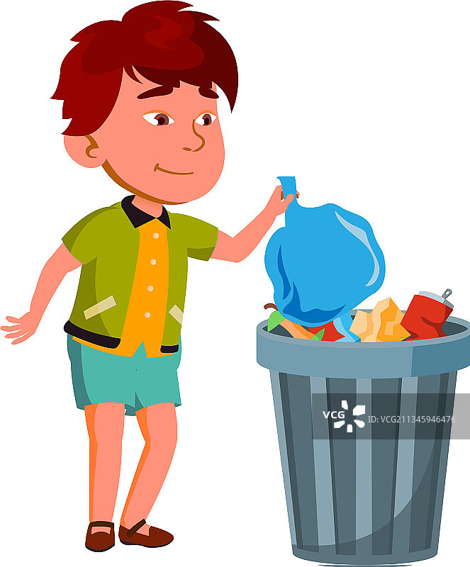 儿童男孩将垃圾扔进垃圾箱图片素材