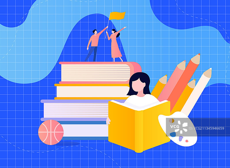 攀登书本篮球画笔彩笔矢量人物良好习惯阅读图片素材