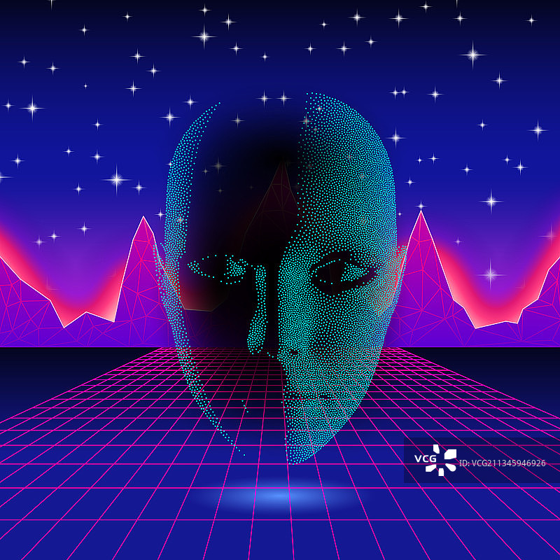 霓虹灯上的复古波浪光头剪影图片素材