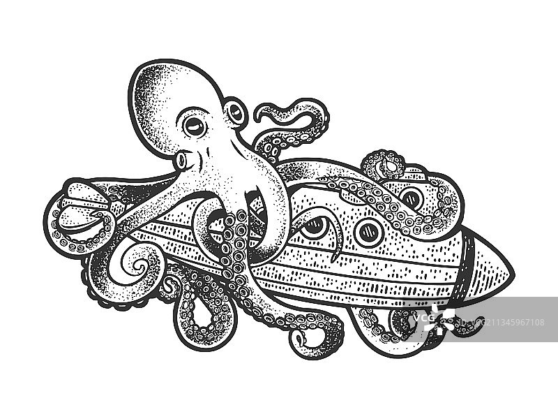 章鱼袭击潜艇速写图片素材