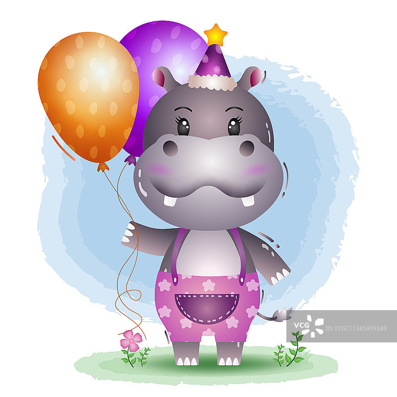 戴着生日帽并拿着气球的可爱河马图片素材