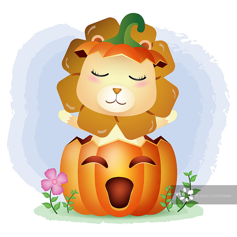 万圣节南瓜里的可爱狮子图片素材