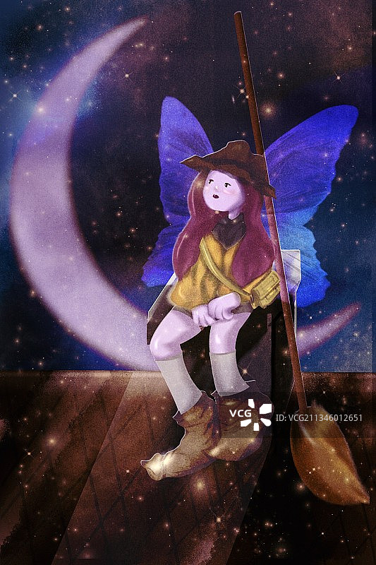 月亮下屋顶上落着一个精灵少女图片素材