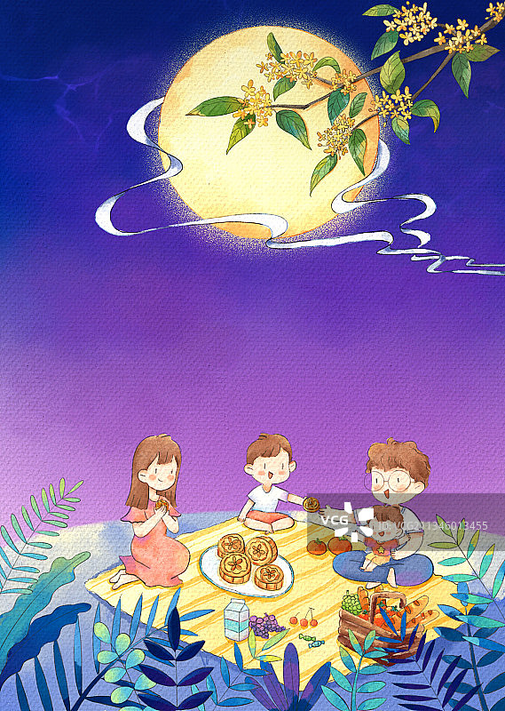 中秋节一家人团圆插画图片素材
