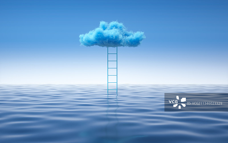 蓝色云朵梯子宁静海平面图片素材