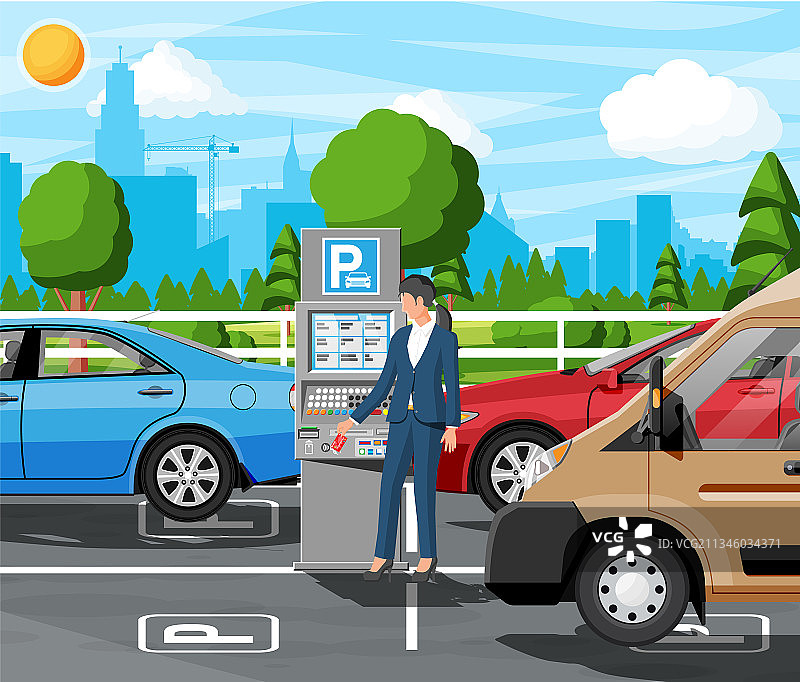 女人用停车计时器支付停车场费用图片素材