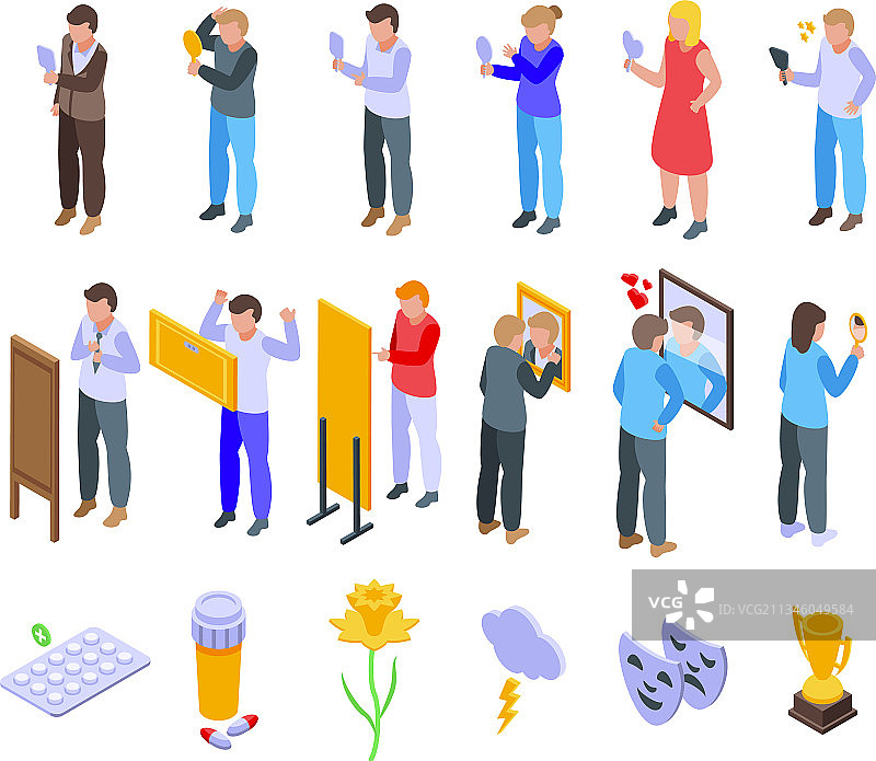 自恋心理等距图标集图片素材