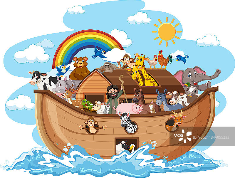 诺亚方舟与动物在水波上隔离图片素材