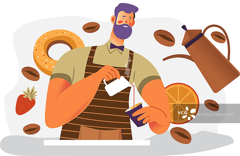 咖啡师制作咖啡，男人拿着杯子和橙子图片素材