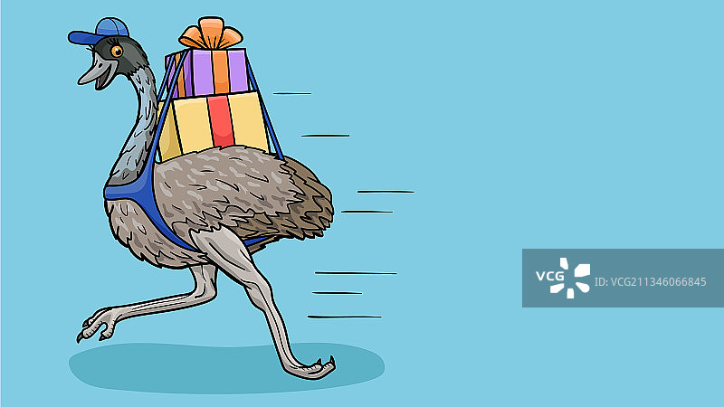 卡通鸵鸟带着包裹跑向地址图片素材