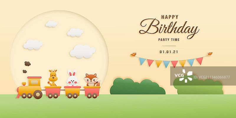 火车上的可爱动物生日贺卡图片素材