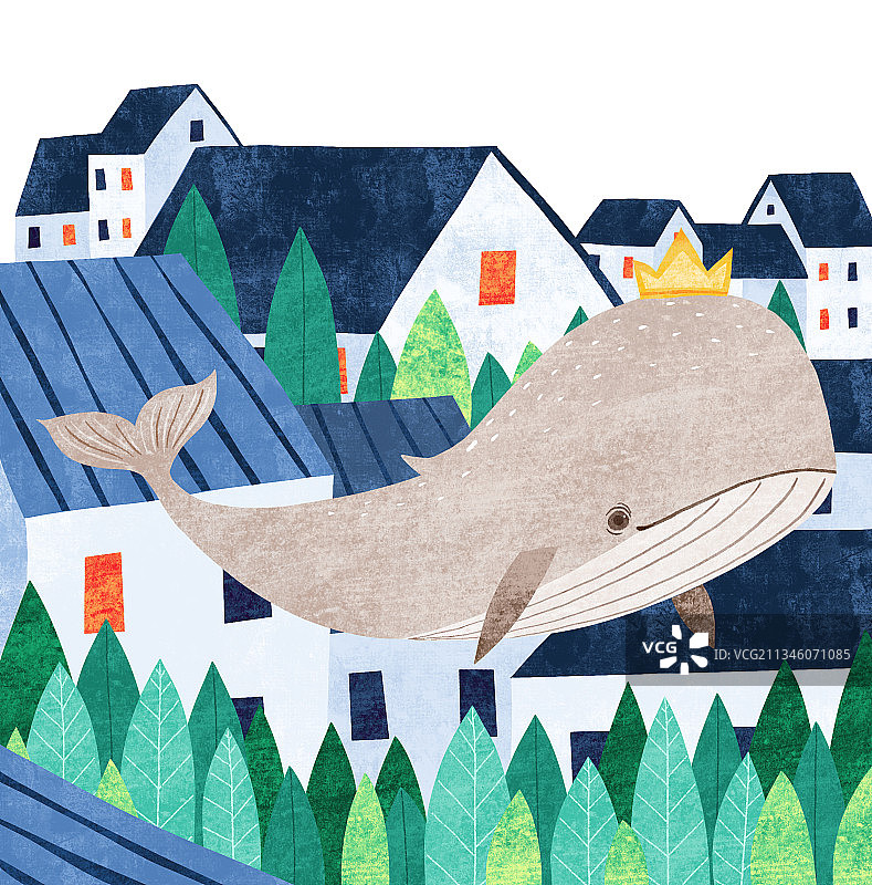 儿童插画扁平动物风格-带着王冠的灰色鲸鱼在美丽的乡村图片素材