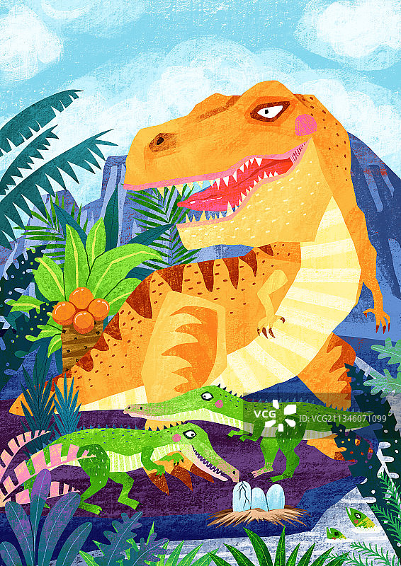 儿童插画扁平动物风格-可爱的霸王龙图片素材