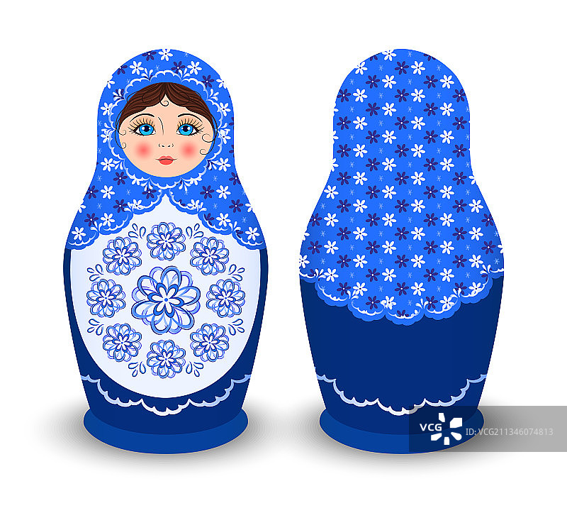 身穿蓝色连衣裙的漂亮俄罗斯娃娃正面背面图片素材