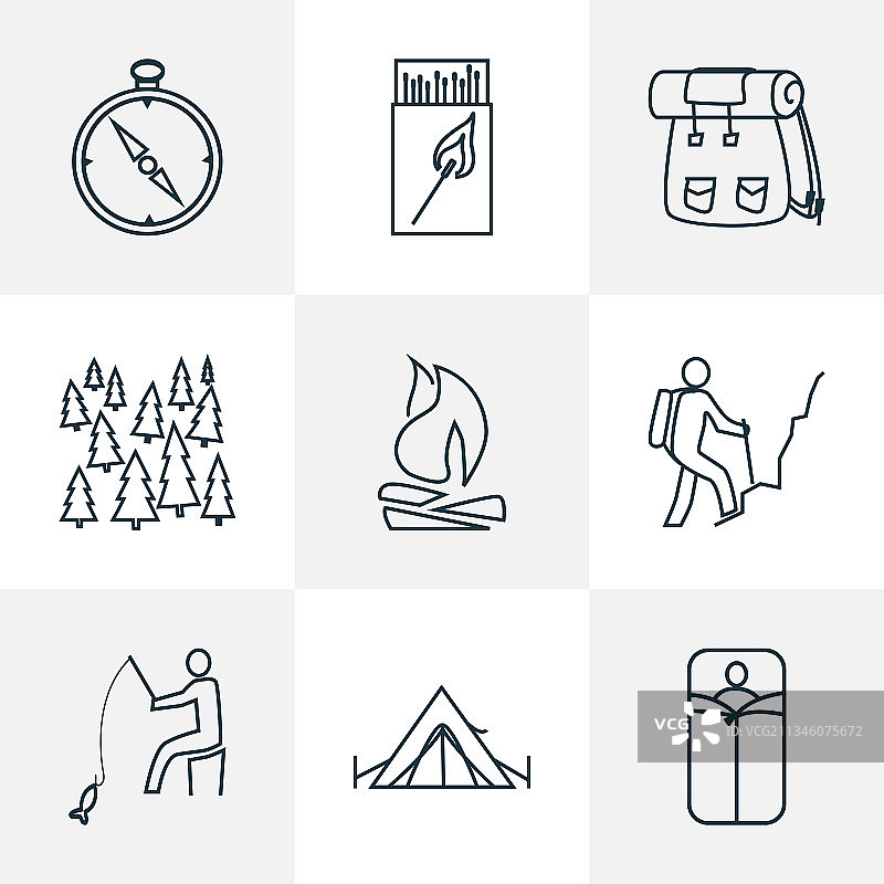 钓鱼森林旅游图标线性风格合集图片素材