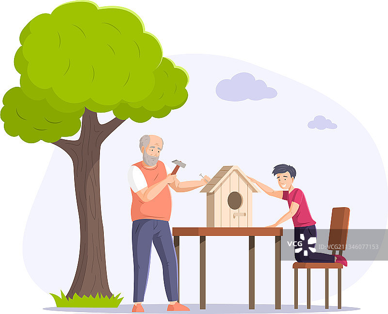 爷爷和孙子制作鸟屋图片素材