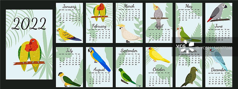 带封面卡通鹦鹉2022年日历图片素材