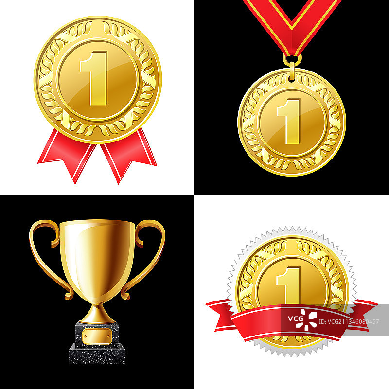 金色奖杯奖杯金牌红色丝带图片素材