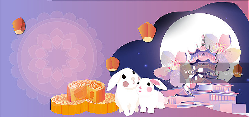 中秋节圆月白兔月饼古建筑横版无字图片素材