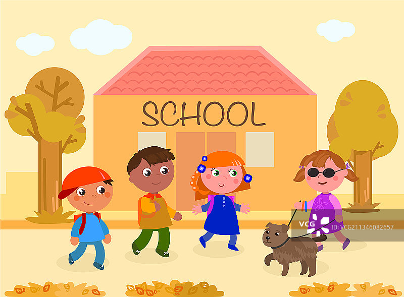 盲人女孩和朋友一起上学图片素材