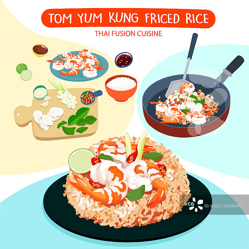 冬阴功炒饭和食材插画图片素材