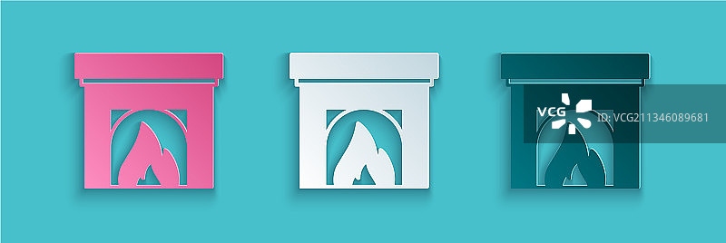剪纸风格室内壁炉图标，蓝色背景图片素材