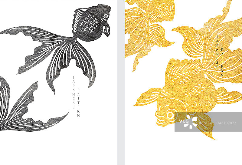 金色鱼背景（日式波浪图案）图片素材