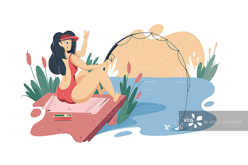 可爱女人钓鱼图片素材