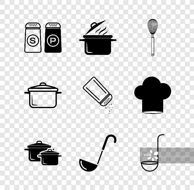 盐、胡椒、锅和厨房搅拌器套装图片素材