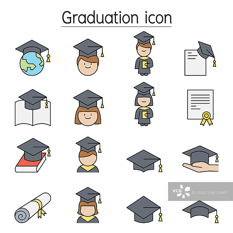 毕业季彩色线性图标图片素材