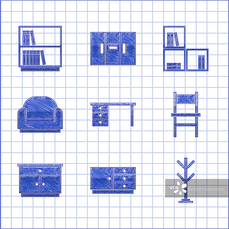 办公桌、抽屉柜、衣帽架组合图片素材