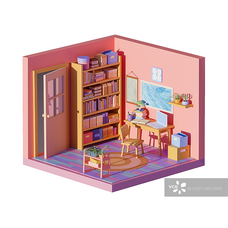 3D卡通风格书房主题插画元素图片素材