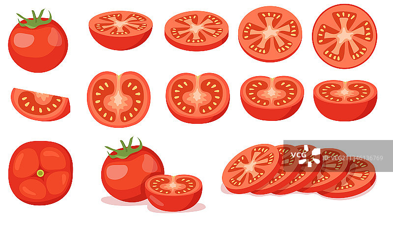 彩色番茄切块和完整集合图片素材
