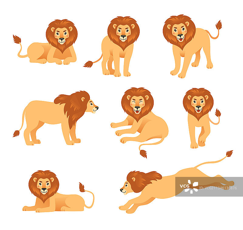 不同姿势的可爱卡通狮子套装图片素材