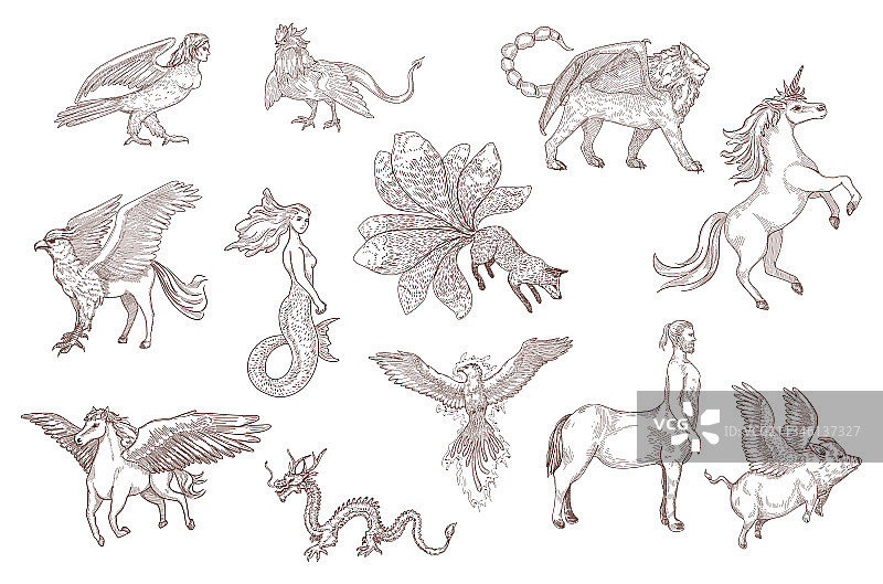 手绘奇幻生物素描图片素材