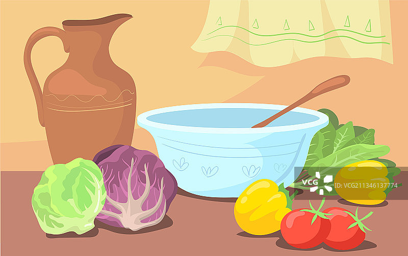 沙拉食材和卡通餐具图片素材